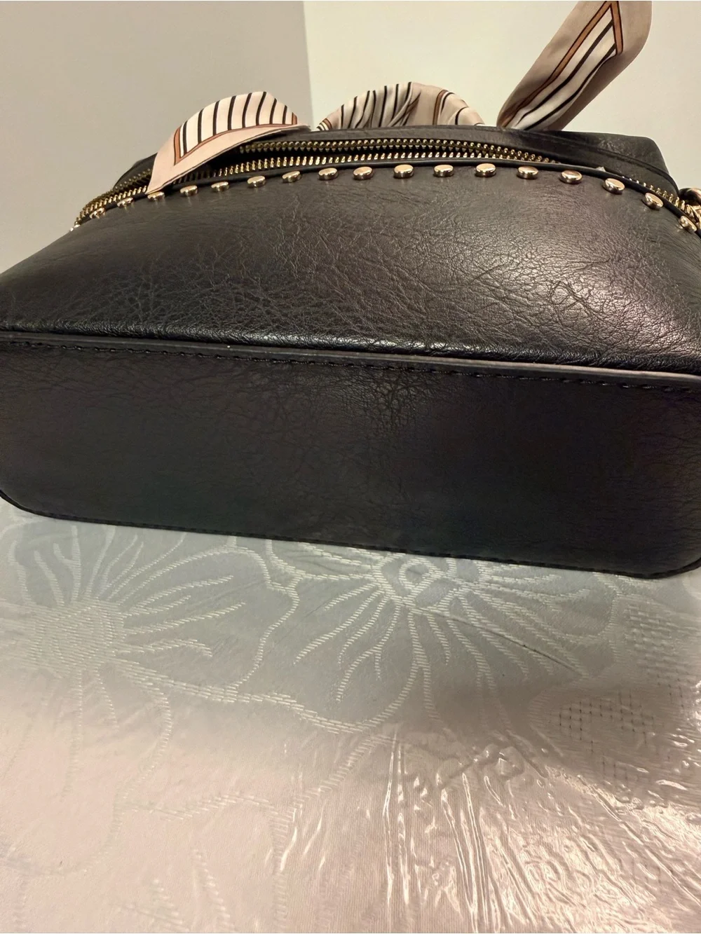Black Studded faux  Leather Satchel with Scarf-Wrapped Handle